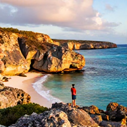 Caribbean Holidays, Aruba Adventure Holidays, A rugged Aruba coastline with turquoise water, golden light and adventurous travellers exploring the landscape