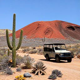 Caribbean Holidays, Aruba Adventure Holidays, A rugged Aruba desert landscape with cacti, red rocks and an open-top safari vehicle beneath a blue sky