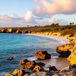 Caribbean Holidays, Aruba Adventure Holidays, A rugged Aruban coastline with turquoise sea, golden light and visitors exploring the landscape