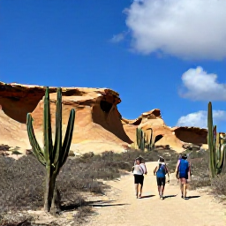 Caribbean Holidays, Aruba Adventure Holidays, A small group hiking through Arikok National Park in Aruba, surrounded by cacti, ochre rock formations and dramatic blue sky