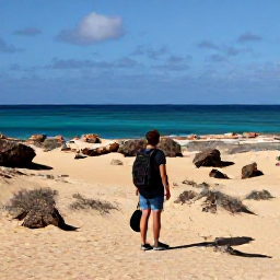 Caribbean Holidays, Aruba Adventure Holidays, A sunny coastal adventure scene in Aruba during August, with a traveller exploring rugged desert landscape beside turquoise sea