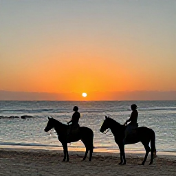 Caribbean Holidays, Aruba Adventure Holidays, A sunset horseback ride along an Aruba beach, with riders silhouetted against a warm orange sky and calm Caribbean waves