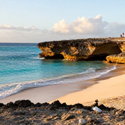 Caribbean Holidays, Aruba Adventure Holidays, A warm December morning on Aruba's rugged coastline, with turquoise sea, golden sand and travellers preparing for outdoor adventures