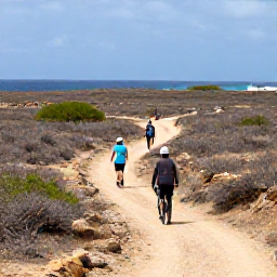 Caribbean Holidays, Aruba Adventure Holidays, Cyclists and hikers following a scenic trail through Aruba&rsquo;s dry landscape with distant sea views