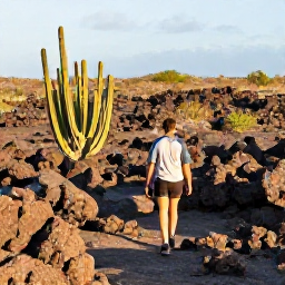 Caribbean Holidays, Aruba Adventure Holidays, Hikers walking through Arikok National Park among cacti, rugged volcanic rocks and dry tropical scenery in afternoon sunlight