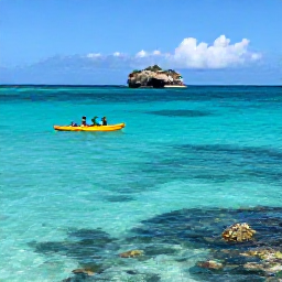 Caribbean Holidays, Aruba Adventure Holidays, Kayakers and snorkellers exploring clear turquoise water near Aruba, with colourful fish, coral and a small rocky island in the background