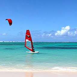 Caribbean Holidays, Aruba Adventure Holidays, Kite surfers and windsurfers enjoying clear turquoise water beside Aruba&rsquo;s sandy coast in bright July sunshine