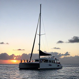 Caribbean Holidays, Aruba Adventure Holidays, Sunset sailing catamaran cruising along Aruba&rsquo;s coast with passengers enjoying the evening sky