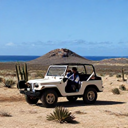 Caribbean Holidays, Aruba Adventure Holidays, Visitors driving an open-top jeep across Aruba&rsquo;s dry desert landscape, passing cacti, rocky hills and distant blue sea