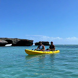 Caribbean Holidays, Aruba Adventure Holidays, Visitors kayaking across calm, crystal-clear water beside Aruba's rocky coastline under a sunny blue sky