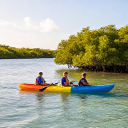 Caribbean Holidays, Aruba Adventure Holidays, Visitors kayaking through calm turquoise water beside Aruba&rsquo;s mangrove coastline in warm sunshine