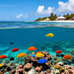 Caribbean Holidays, Aruba Adventure Holidays, Visitors snorkelling above a colourful reef in clear Caribbean water near Aruba, with tropical fish and a sandy beach in the background
