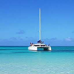 Caribbean Holidays, Aruba Adventure, Snorkellers and a catamaran sailing near Aruba&rsquo;s clear turquoise water, with a bright blue sky and calm Caribbean sea
