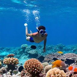 Caribbean Holidays, Aruba Adventure, Snorkellers swimming above colourful coral reef and tropical fish in clear Caribbean water off Aruba