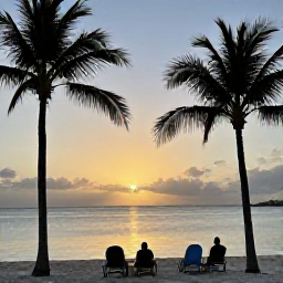Caribbean Holidays, Aruba Adventure, Travellers relaxing beside a calm Aruba beach at sunset, with palm trees, warm light and the Caribbean Sea