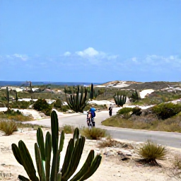 Caribbean Holidays, Aruba Adventure, Visitors cycling through Aruba's sunny desert landscape with cacti, low hills and distant coastline