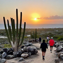 Caribbean Holidays, Aruba Adventure, Visitors hiking through Aruba's Arikok National Park at sunset with cacti, rocky hills and ocean views
