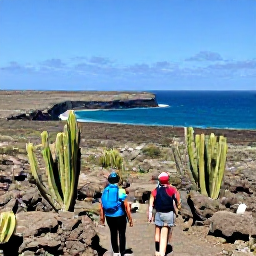 Caribbean Holidays, Aruba Adventure, Visitors hiking through Aruba's Arikok National Park past cacti, volcanic rocks and a dramatic coastal viewpoint