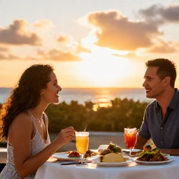 Caribbean Holidays, Aruba All Inclusive, A couple dining outdoors at an Aruba resort during sunset, with Caribbean dishes, cool drinks and warm golden light