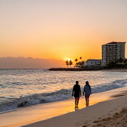 Caribbean Holidays, Aruba All Inclusive, A couple walking along an Aruba beach at sunset with gentle waves, a warm orange sky and a peaceful resort coastline