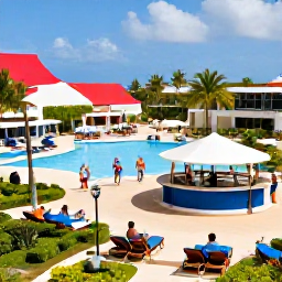Caribbean Holidays, Aruba All Inclusive, A lively Aruba resort pool area with tropical gardens, sun loungers, a swim-up bar and holidaymakers enjoying the sunshine