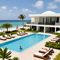 Caribbean Holidays, Aruba All Inclusive, A modern all-inclusive resort in Aruba with a swimming pool, sun loungers, tropical gardens and guests relaxing beside the water