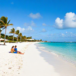Caribbean Holidays, Aruba All Inclusive, A wide sandy beach in Aruba with calm turquoise water, palm trees and a relaxed couple enjoying the sunshine