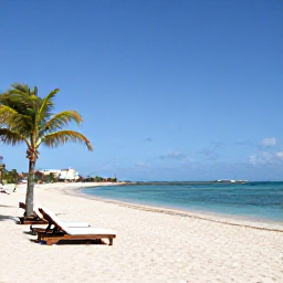 Caribbean Holidays, Aruba All Inclusive, A wide sandy beach in Aruba with calm turquoise water, palm trees and comfortable resort sun loungers under a bright blue sky