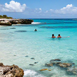 Caribbean Holidays, Aruba All Inclusive May, Aruba beach scene with snorkellers in clear water, colourful fish, rocky coastline and bright Caribbean sunshine