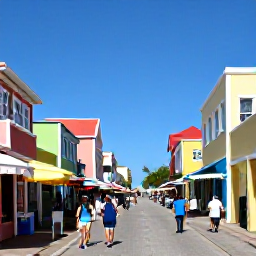 Caribbean Holidays, Aruba All Inclusive May, Colourful Oranjestad street in Aruba with pastel buildings, local shops, a blue sky and visitors exploring on foot