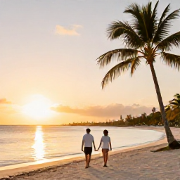 Caribbean Holidays, Aruba All Inclusive May, Couple walking along an Aruban beach at sunset with golden light, calm sea and palm trees