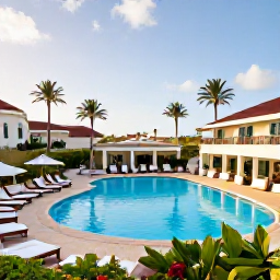 Caribbean Holidays, Aruba All Inclusive May, Elegant all-inclusive resort in Aruba with a swimming pool, sun loungers, tropical gardens and guests enjoying a warm afternoon