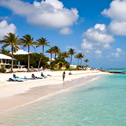 Caribbean Holidays, Aruba All Inclusive May, Sunny Palm Beach in Aruba with calm turquoise sea, white sand, palm trees and relaxed holidaymakers in May