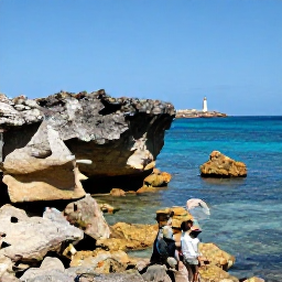 Caribbean Holidays, Aruba All Inclusive, Visitors exploring Aruba&rsquo;s rugged coastline near dramatic rocks, clear blue water and the California Lighthouse in the distance
