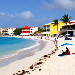 Caribbean Holidays, Aruba Beach Holidays, Aruba coastline with a beach resort, palm trees, colourful buildings and visitors enjoying the local atmosphere