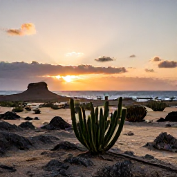 Caribbean Holidays, Aruba Beach Holidays, Aruba landscape at sunset with rugged desert terrain, cacti, natural rock formations and a distant Caribbean coastline