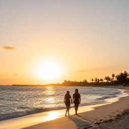 Caribbean Holidays, Aruba Beach Holidays, Aruba sunset beach scene with a couple walking along the shoreline and warm golden light