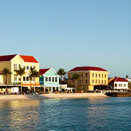Caribbean Holidays, Aruba Beach Holidays, Colourful Oranjestad waterfront in Aruba with pastel buildings, palm trees and warm late-afternoon November light