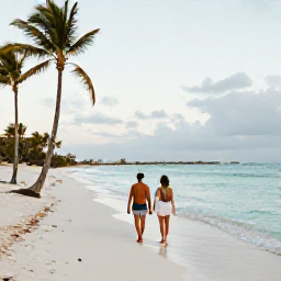 Caribbean Holidays, Aruba Beach Holidays, Couple walking along an uncrowded Aruba beach in soft morning light with turquoise sea and palm trees