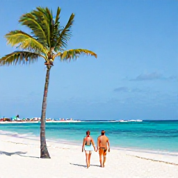 Caribbean Holidays, Aruba Beach Holidays, Couple walking along Palm Beach in Aruba during a sunny June afternoon, turquoise sea, gentle trade wind and colourful beach umbrellas