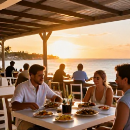 Caribbean Holidays, Aruba Beach Holidays, Outdoor dining at a relaxed Aruba restaurant at sunset, local Caribbean dishes, warm evening light and friendly atmosphere