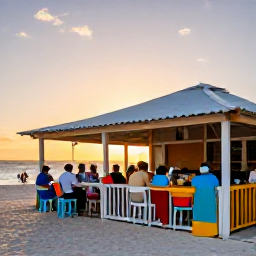 Caribbean Holidays, Aruba Beach Holidays, Outdoor restaurant in Aruba at sunset, colourful local food, relaxed diners and warm evening light