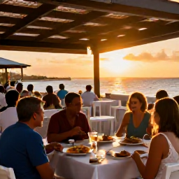 Caribbean Holidays, Aruba Beach Holidays, Outdoor restaurant in Aruba at sunset, relaxed diners, Caribbean dishes, warm golden light and a lively but friendly atmosphere