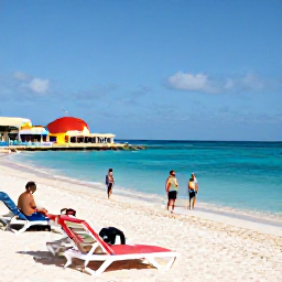 Caribbean Holidays, Aruba Beach Holidays, Palm Beach in Aruba with sun loungers, gentle waves, colourful beach bars and visitors enjoying a bright July afternoon