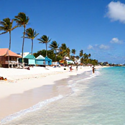 Caribbean Holidays, Aruba Beach Holidays, Palm-fringed Eagle Beach in Aruba with white sand, clear shallow water, beach huts and people enjoying a sunny April afternoon