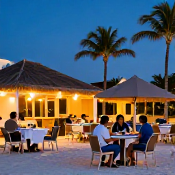 Caribbean Holidays, Aruba Beach Holidays, Relaxed Aruba beach resort at dusk with palm trees, warm lights, outdoor dining and guests enjoying a Caribbean evening