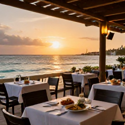 Caribbean Holidays, Aruba Beach Holidays, Relaxed beach restaurant in Aruba at sunset with outdoor tables, local food and a view of the sea