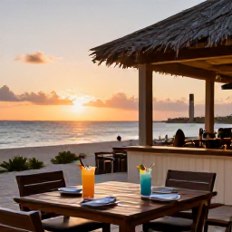 Caribbean Holidays, Aruba Beach Holidays, Relaxed outdoor restaurant beside an Aruba beach at sunset, tables, tropical drinks and warm evening light
