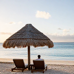 Caribbean Holidays, Aruba Beach Holidays, Traveller relaxing beneath a palapa on Palm Beach, Aruba, with calm blue sea, soft sand and a quiet November morning