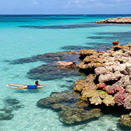 Caribbean Holidays, Aruba Beach Holidays, Travellers swimming and snorkelling in clear shallow water beside a colourful coral reef in Aruba